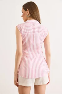 Olalook Women's White Pink Side Tie Detailed Striped Double Breasted Blouse - Image 6