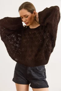 Olalook Women's Bitter Brown Geometric Detailed Loose Fit Seasonal Knitwear Blouse