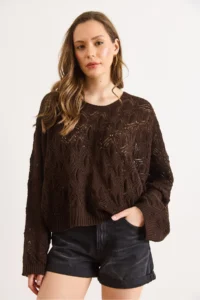 Olalook Women's Bitter Brown Geometric Detailed Loose Fit Seasonal Knitwear Blouse - Image 2