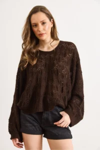 Olalook Women's Bitter Brown Geometric Detailed Loose Fit Seasonal Knitwear Blouse - Image 3