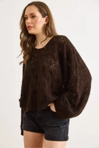 Olalook Women's Bitter Brown Geometric Detailed Loose Fit Seasonal Knitwear Blouse - Image 4