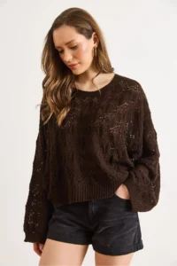 Olalook Women's Bitter Brown Geometric Detailed Loose Fit Seasonal Knitwear Blouse - Image 5