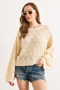 Olalook Women's Ecru Geometric Detailed Loose Fit Seasonal Knitwear Blouse - Image 2
