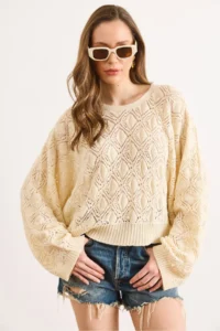 Olalook Women's Ecru Geometric Detailed Loose Fit Seasonal Knitwear Blouse - Image 3
