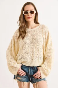 Olalook Women's Ecru Geometric Detailed Loose Fit Seasonal Knitwear Blouse - Image 4