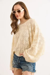 Olalook Women's Ecru Geometric Detailed Loose Fit Seasonal Knitwear Blouse - Image 5