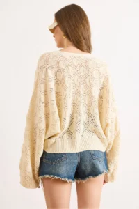 Olalook Women's Ecru Geometric Detailed Loose Fit Seasonal Knitwear Blouse - Image 6