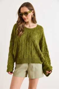 Olalook Women's Oil Green Geometric Detailed Loose Fit Seasonal Knitwear Blouse - Image 2