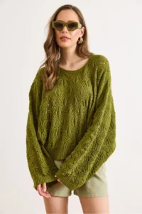 Olalook Women's Oil Green Geometric Detailed Loose Fit Seasonal Knitwear Blouse - Image 3