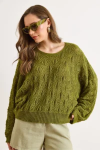 Olalook Women's Oil Green Geometric Detailed Loose Fit Seasonal Knitwear Blouse - Image 4