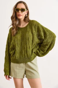 Olalook Women's Oil Green Geometric Detailed Loose Fit Seasonal Knitwear Blouse - Image 5