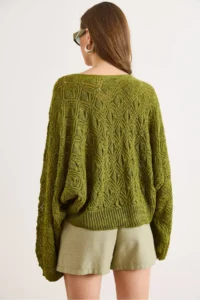 Olalook Women's Oil Green Geometric Detailed Loose Fit Seasonal Knitwear Blouse - Image 6
