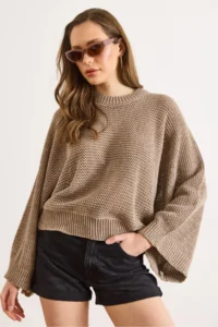 Olalook Women's Mink Crew Neck Openwork Loose Fit Seasonal Knitwear Blouse