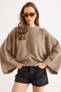Olalook Women's Mink Crew Neck Openwork Loose Fit Seasonal Knitwear Blouse - Image 2