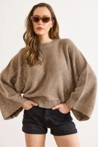 Olalook Women's Mink Crew Neck Openwork Loose Fit Seasonal Knitwear Blouse - Image 3
