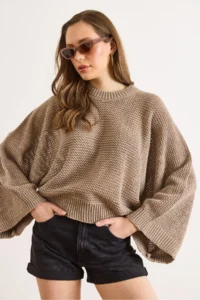 Olalook Women's Mink Crew Neck Openwork Loose Fit Seasonal Knitwear Blouse - Image 4