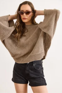 Olalook Women's Mink Crew Neck Openwork Loose Fit Seasonal Knitwear Blouse - Image 5