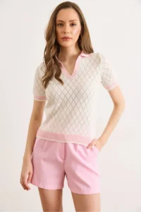 Olalook Women's White Pink Polo Collar Color Detailed Seasonal Knitwear Blouse - Image 2