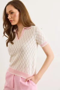 Olalook Women's White Pink Polo Collar Color Detailed Seasonal Knitwear Blouse - Image 3