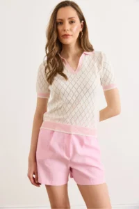 Olalook Women's White Pink Polo Collar Color Detailed Seasonal Knitwear Blouse - Image 5