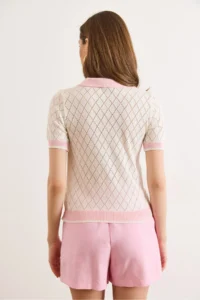Olalook Women's White Pink Polo Collar Color Detailed Seasonal Knitwear Blouse - Image 6