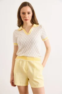 Olalook Women's White Yellow Polo Collar Color Detailed Seasonal Knitwear Blouse - Image 2