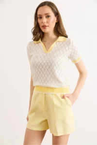 Olalook Women's White Yellow Polo Collar Color Detailed Seasonal Knitwear Blouse - Image 3