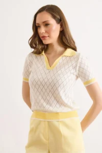 Olalook Women's White Yellow Polo Collar Color Detailed Seasonal Knitwear Blouse - Image 4