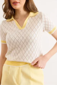 Olalook Women's White Yellow Polo Collar Color Detailed Seasonal Knitwear Blouse - Image 5