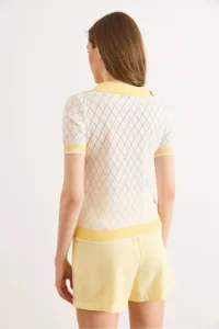 Olalook Women's White Yellow Polo Collar Color Detailed Seasonal Knitwear Blouse - Image 6