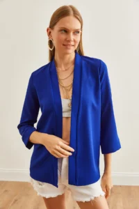 Olalook Women Saks Blue Blue Shawl Yaka Atlas Jacket - Image 2