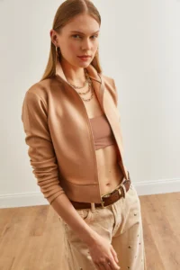 Olalook Women Beige Zippered Scuba Jacket