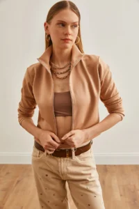 Olalook Women Beige Zippered Scuba Jacket - Image 2