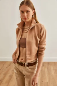 Olalook Women Beige Zippered Scuba Jacket - Image 3
