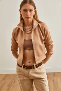 Olalook Women Beige Zippered Scuba Jacket - Image 4