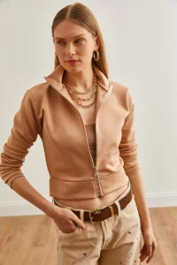 Olalook Women Beige Zippered Scuba Jacket - Image 5