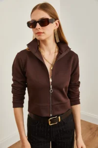 Olalook Women Bitter Coffee Zippered Scuba Jacket - Image 2