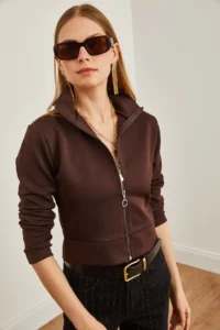 Olalook Women Bitter Coffee Zippered Scuba Jacket - Image 3