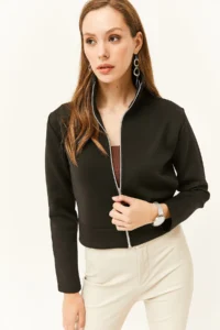 Olalook Women Black Zippered Scuba Jacket - Image 2
