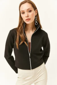 Olalook Women Black Zippered Scuba Jacket - Image 3