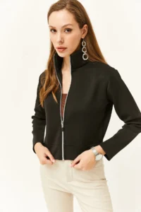 Olalook Women Black Zippered Scuba Jacket - Image 4