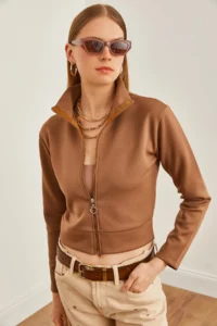 Olalook Women's Brown Zippered Scuba Jacket