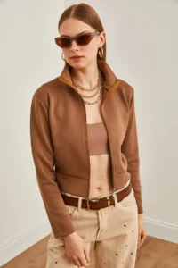 Olalook Women's Brown Zippered Scuba Jacket - Image 2
