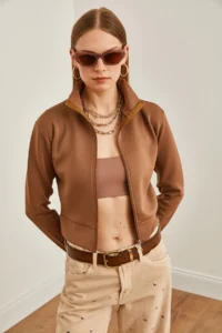 Olalook Women's Brown Zippered Scuba Jacket - Image 3