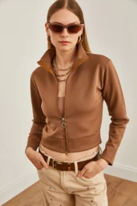 Olalook Women's Brown Zippered Scuba Jacket - Image 4