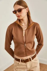 Olalook Women's Brown Zippered Scuba Jacket - Image 5