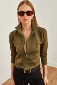 Olalook Women Khaki Zippered Scuba Jacket