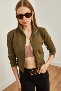 Olalook Women Khaki Zippered Scuba Jacket - Image 2