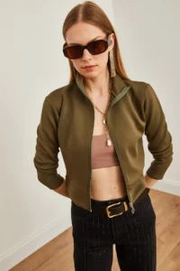 Olalook Women Khaki Zippered Scuba Jacket - Image 3