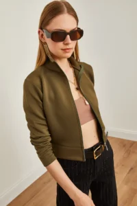 Olalook Women Khaki Zippered Scuba Jacket - Image 4